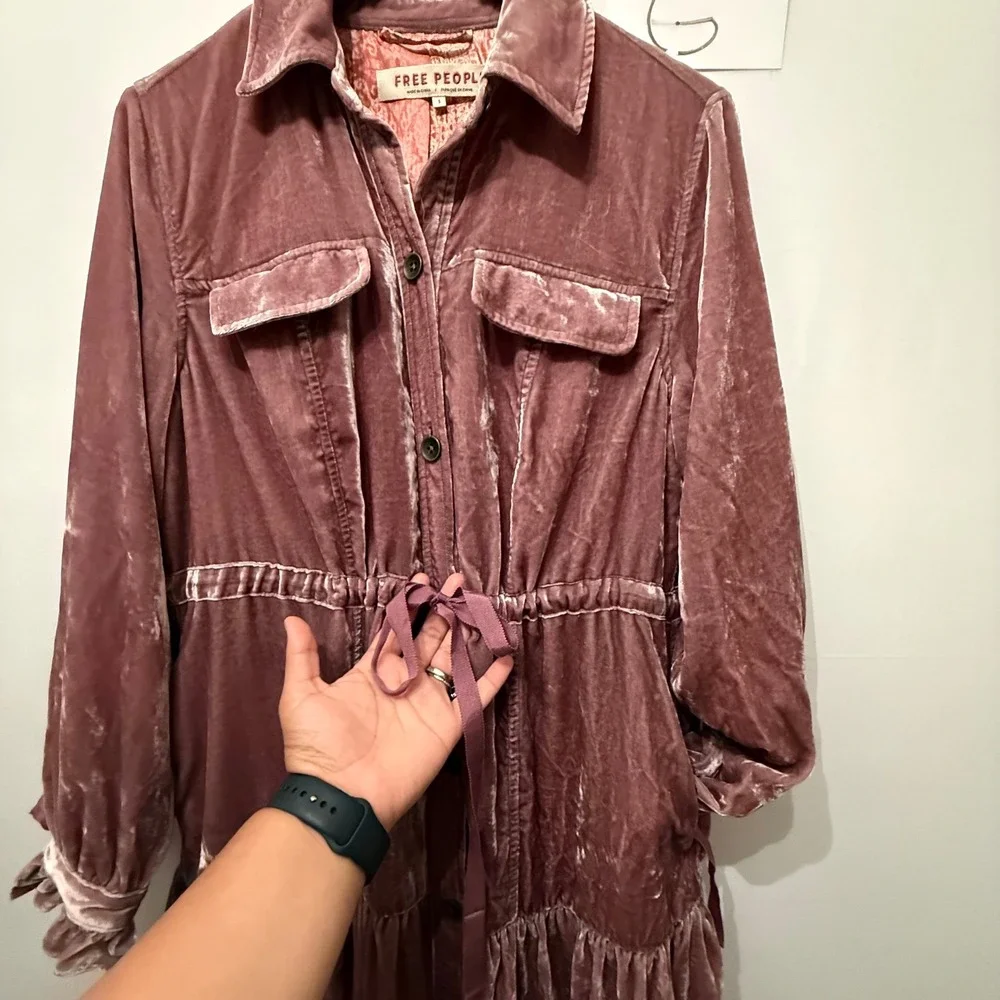 NWT Free People Bella Donna Maxi Duster Coat Mauve Velvet Tiered Pockets Small